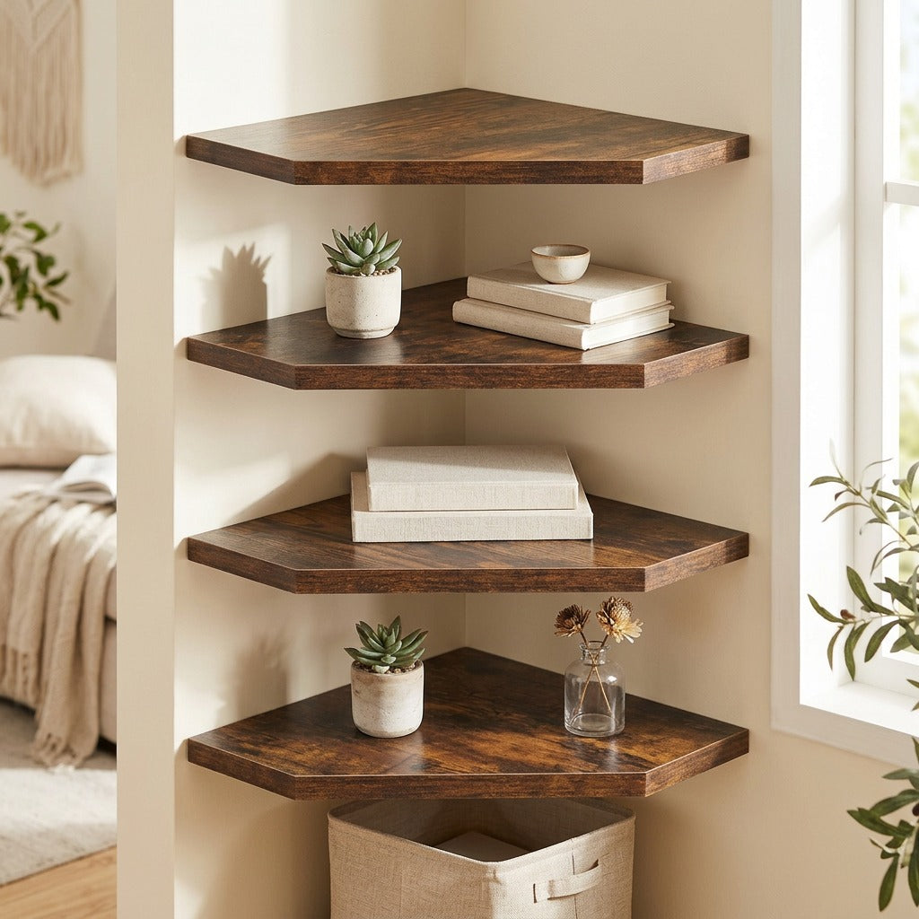 Cornerwise™ Density Board Corner Storage Rack in a calm home setting