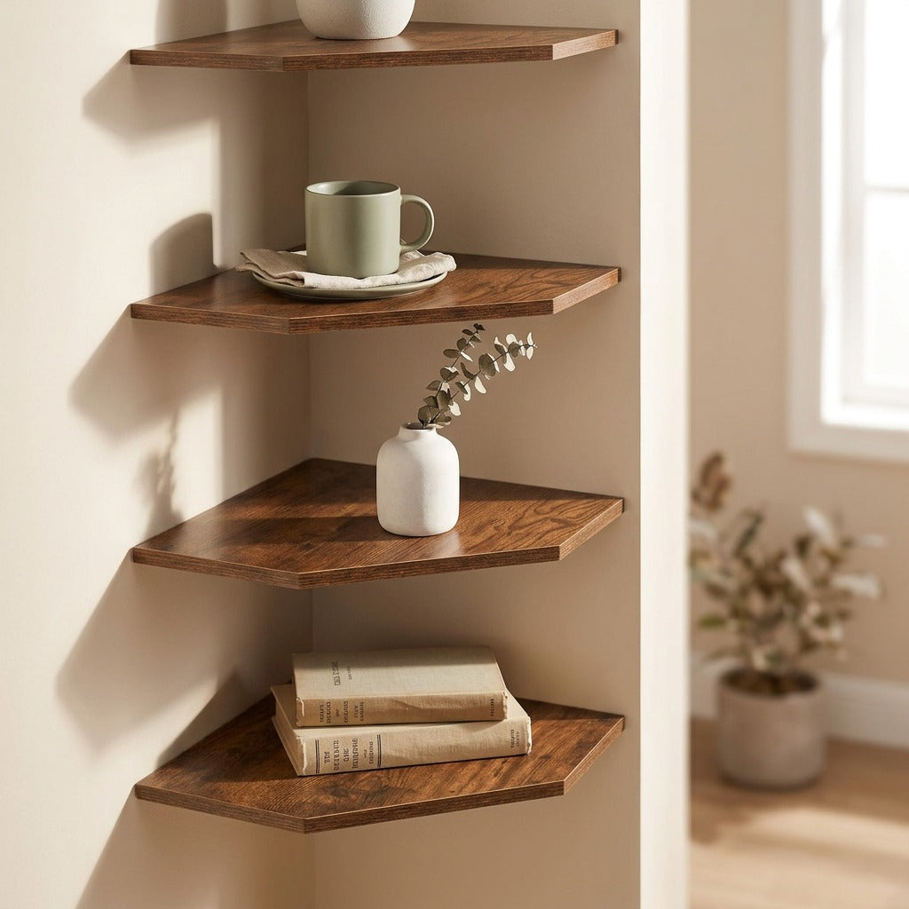 Cornerwise™ Density Board Corner Storage Rack, styled close view