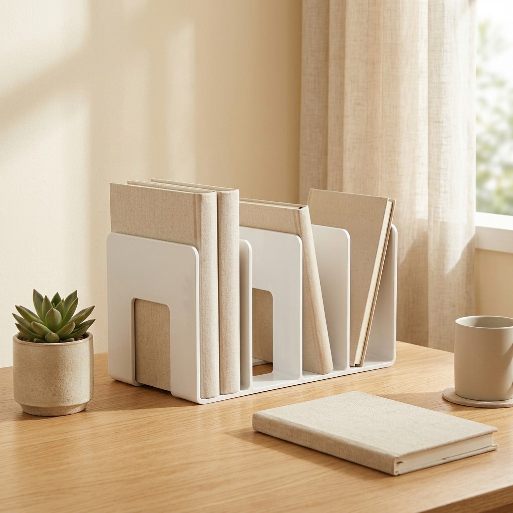 Quadpage™ Four-Section Plastic Book Stand in a calm home setting