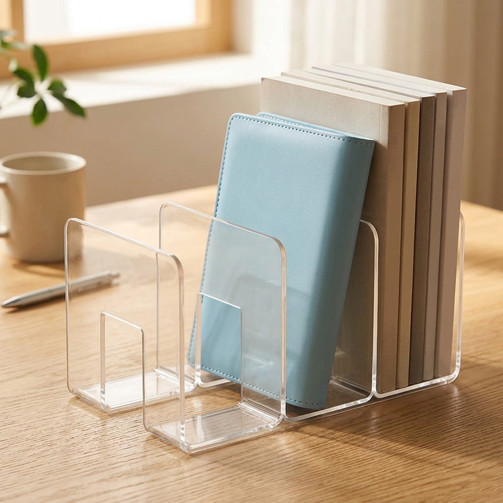 Quadpage™ Four-Section Plastic Book Stand, styled close view