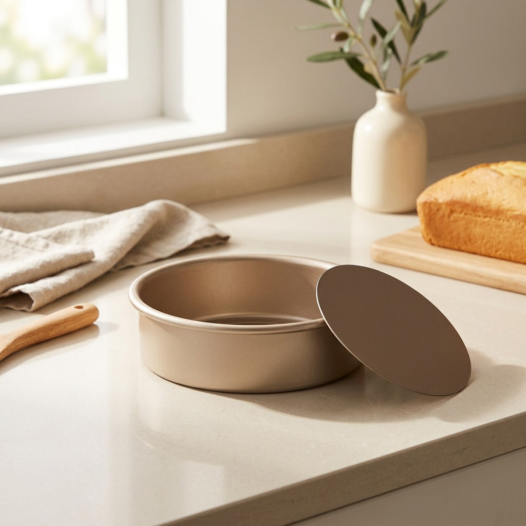 Bakecurve™ Round Carbon Steel Cake Mold in a calm home setting