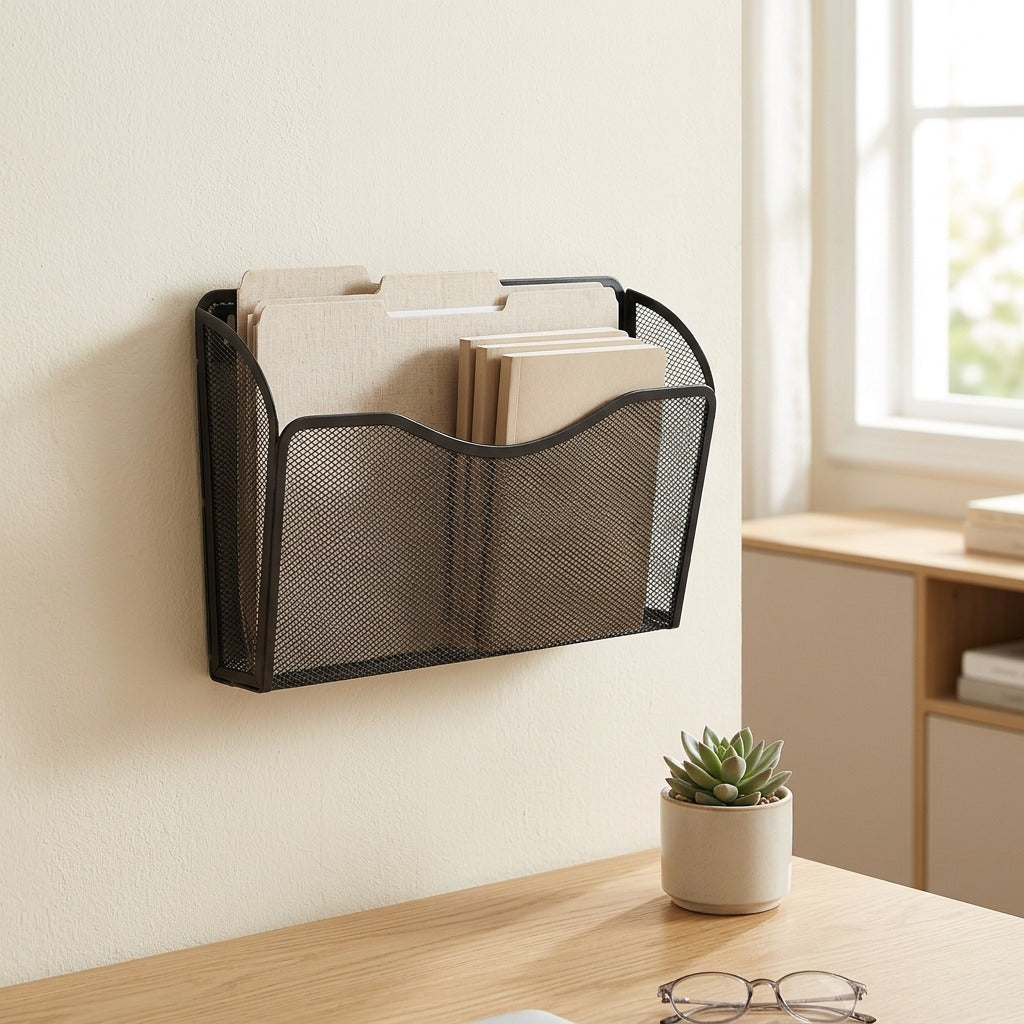 Meshsort™ Metal Mesh File Storage Rack in a calm home setting