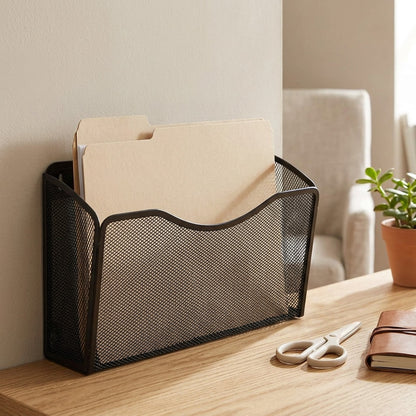 Meshsort™ Metal Mesh File Storage Rack, styled close view
