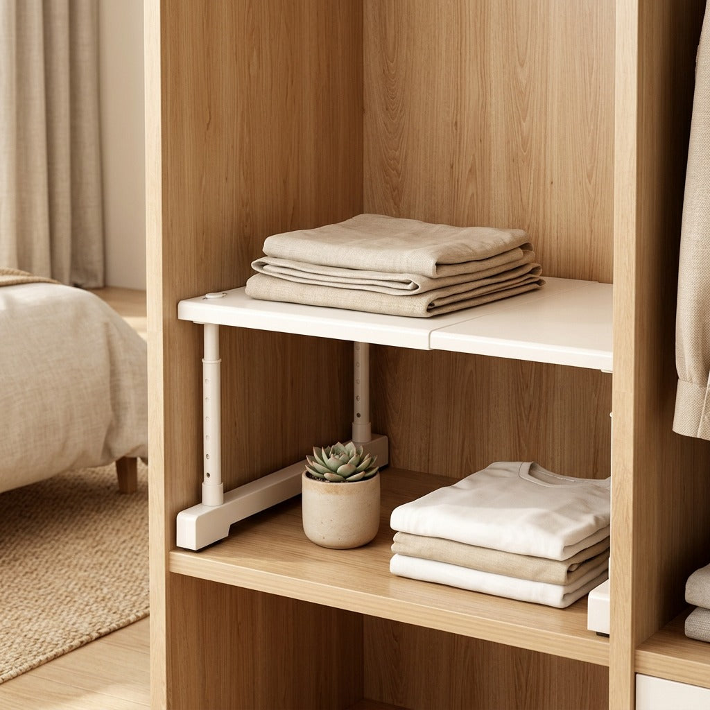 Cubbysplit™ Adjustable Cabinet Storage Divider in a calm home setting