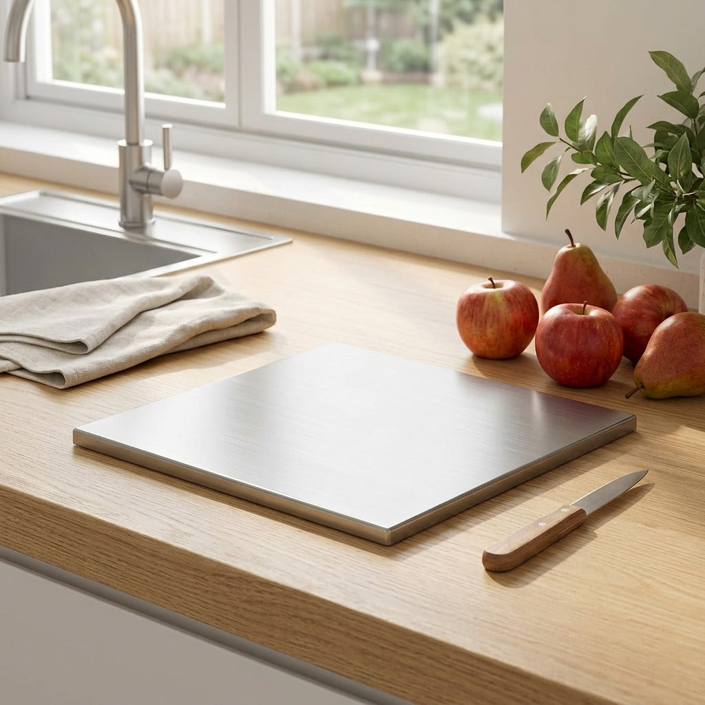 Fruitboard™ Stainless Steel Fruit Cutting Board in a calm home setting