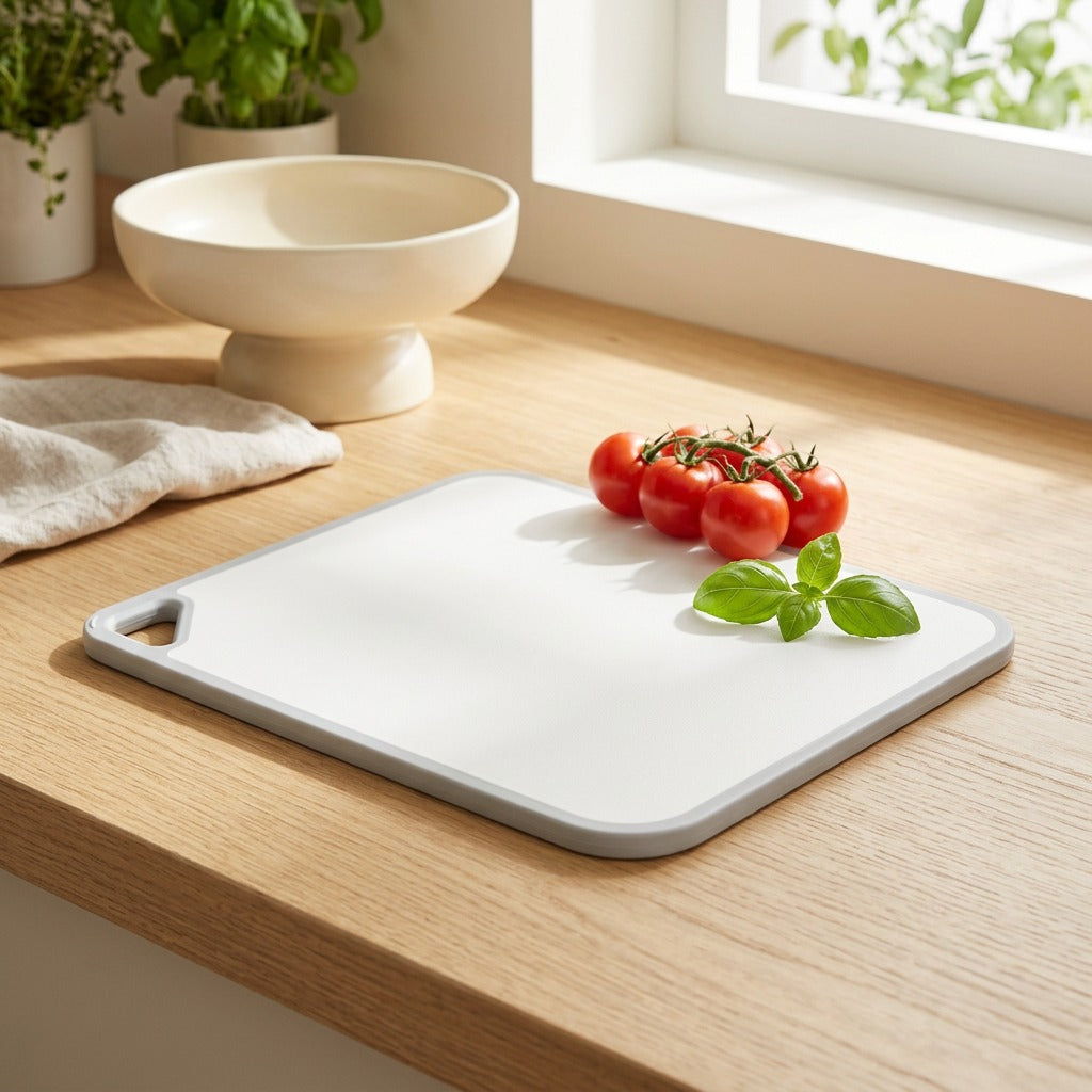 Dualprep™ Plastic Double-Sided Cutting Board in a calm home setting