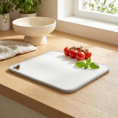 Dualprep™ Plastic Double-Sided Cutting Board in a calm home setting