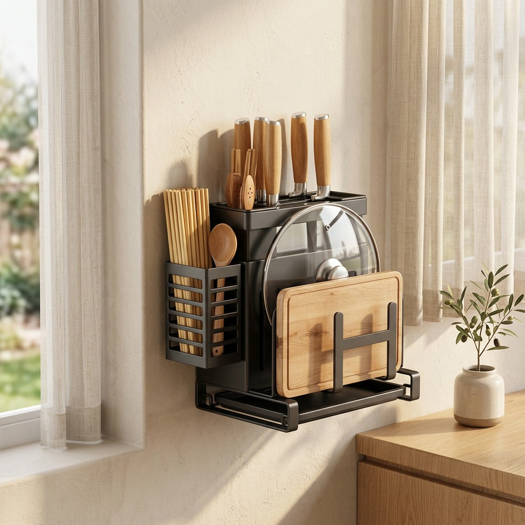Bladehaven™ Carbon Steel Kitchen Knife Holder Rack in a calm home setting