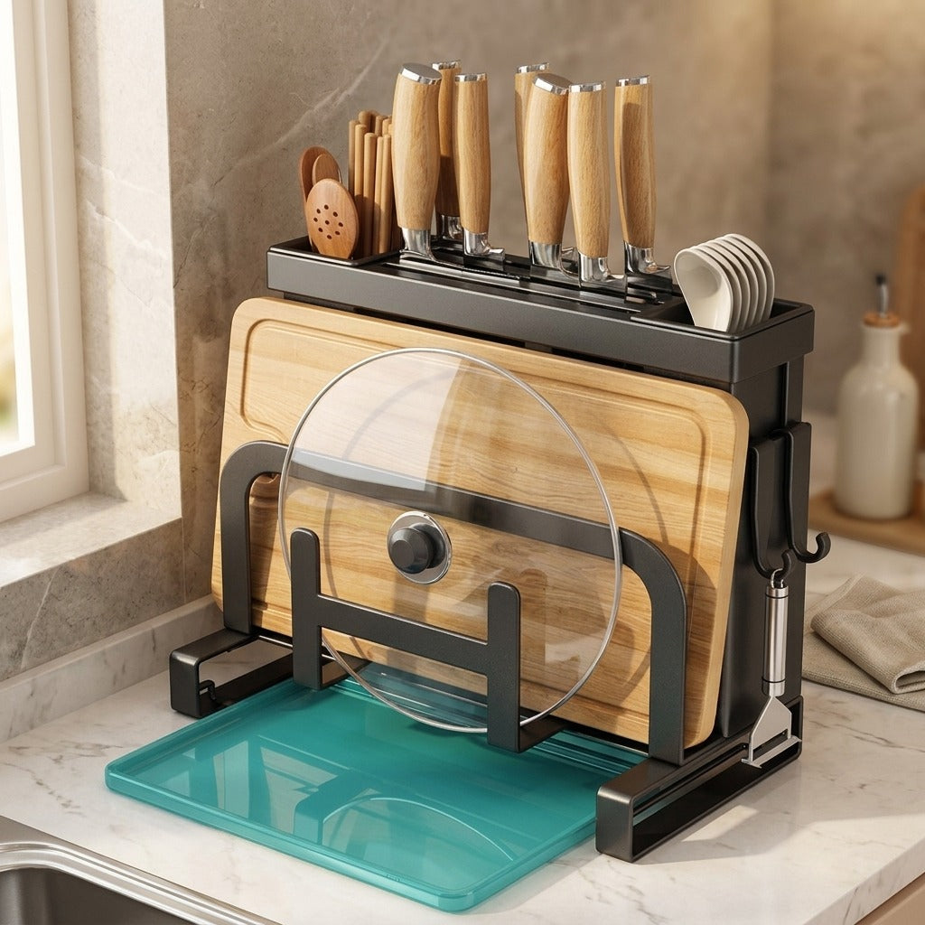 Bladehaven™ Carbon Steel Kitchen Knife Holder Rack, styled close view