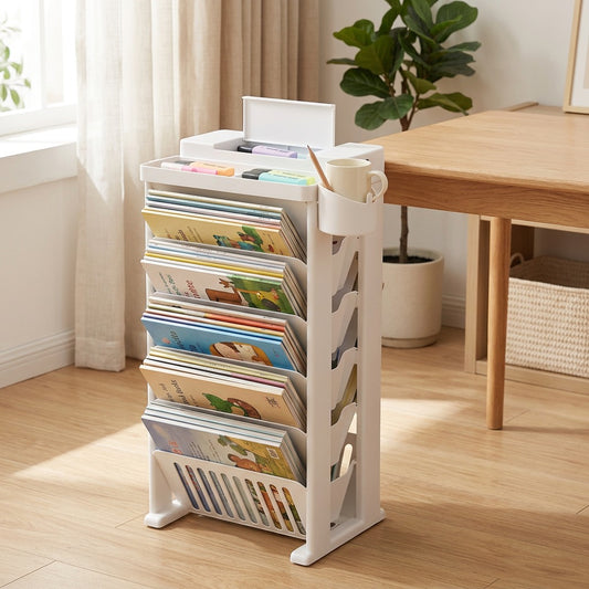Classrack™ Plastic Classroom Book Storage Rack in a calm home setting