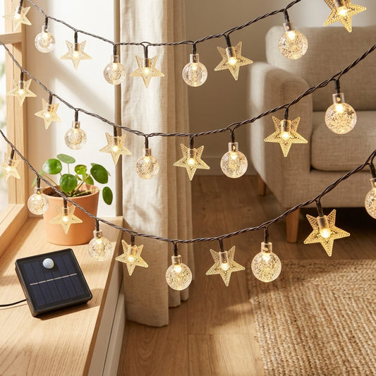 Starstring™ Solar String Light Decorative Star Lantern in a calm home setting