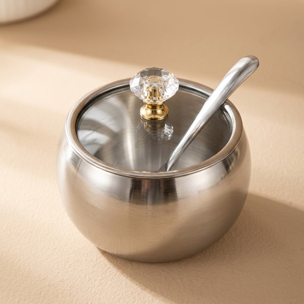 Jarseal™ Stainless Steel Seasoning Box With Glass Lid, material and detail close-up
