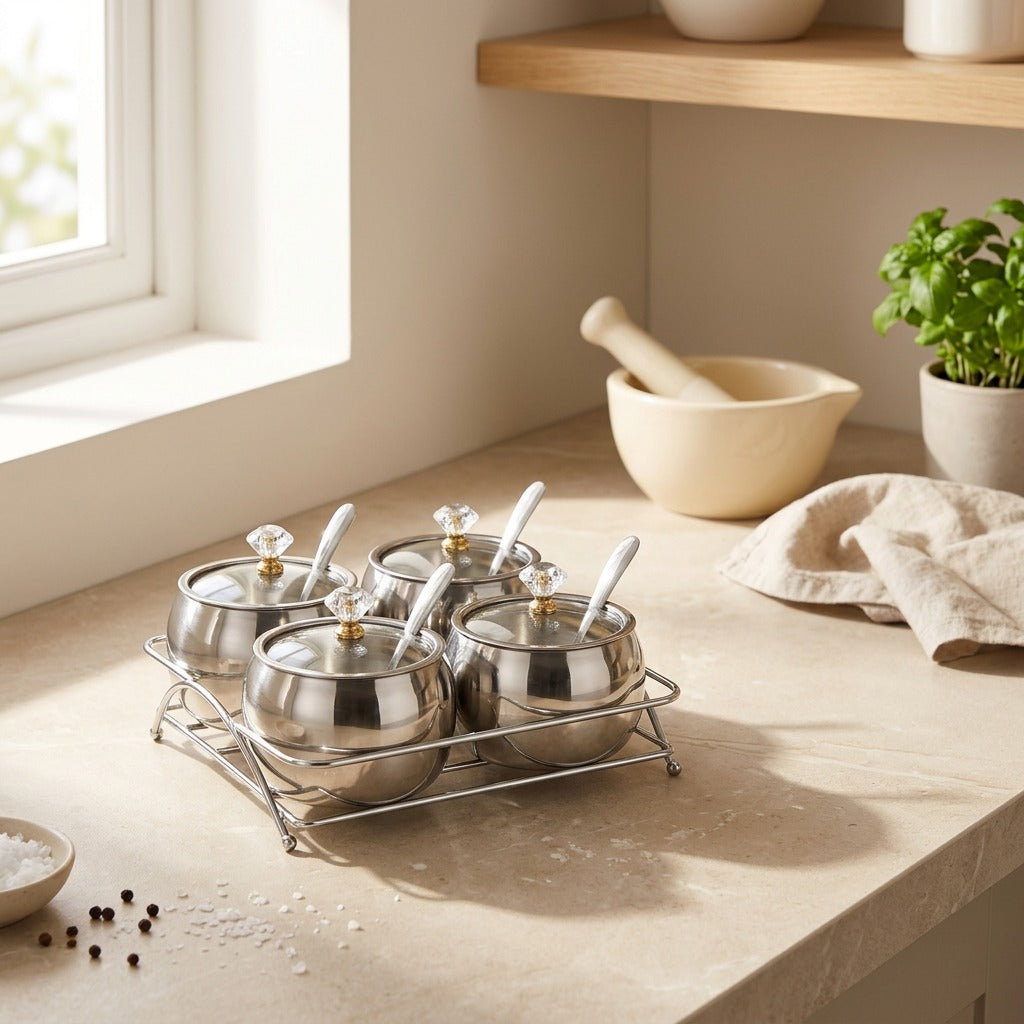 Jarseal™ Stainless Steel Seasoning Box With Glass Lid in a calm home setting