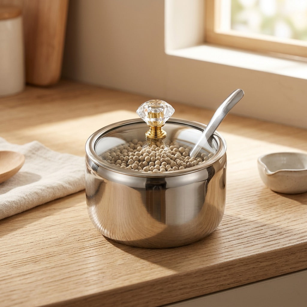 Jarseal™ Stainless Steel Seasoning Box With Glass Lid, styled close view