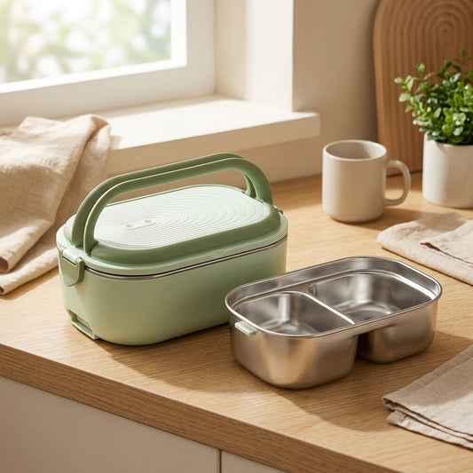 Mealheat™ Stainless Steel Electric Lunch Box in a calm home setting
