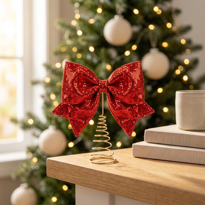 Gleambow™ Sequined Metal Christmas Bow Ornament, styled close view