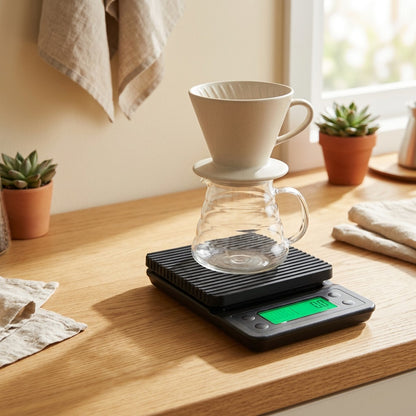 Beanmeter™ Electronic Kitchen Coffee Scale in a calm home setting
