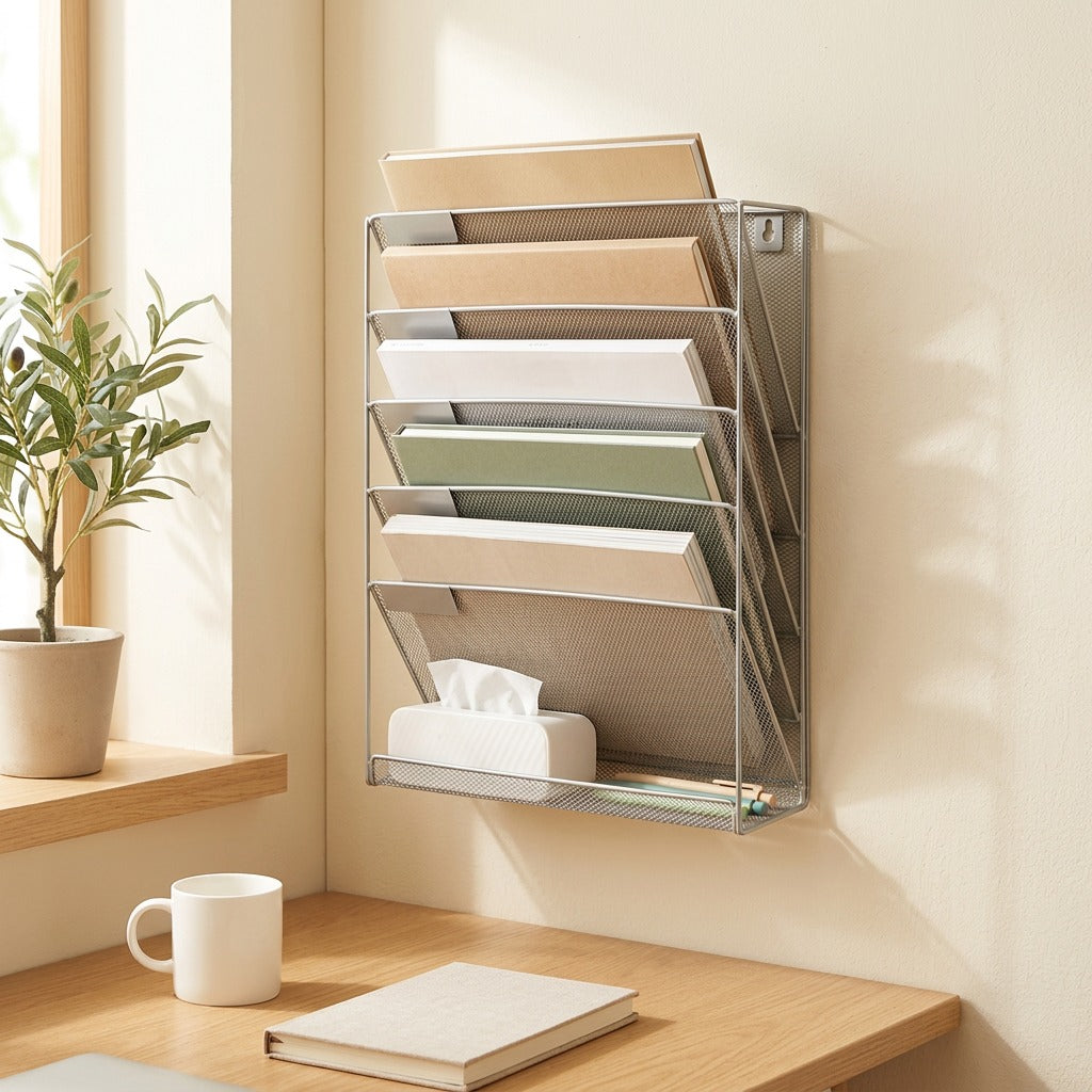 Fileladder™ Five-Layer Metal Wall File Rack in a calm home setting