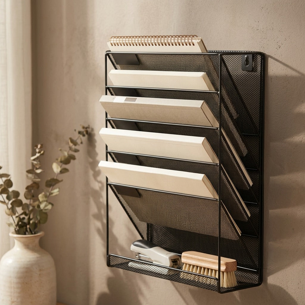 Fileladder™ Five-Layer Metal Wall File Rack, styled close view
