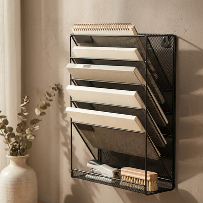 Fileladder™ Five-Layer Metal Wall File Rack, styled close view