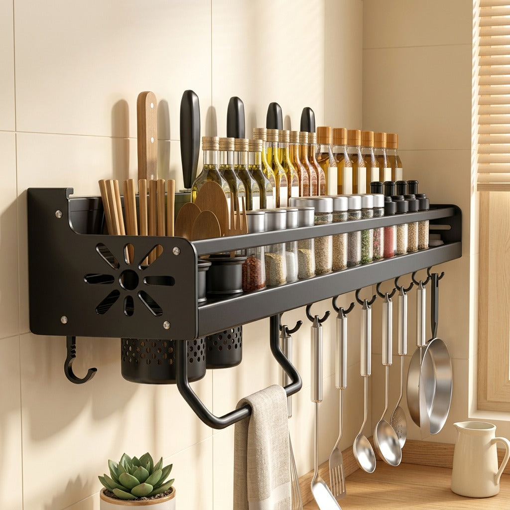 Wallstore™ Metal Wall-Mounted Kitchen Storage Rack in a calm home setting