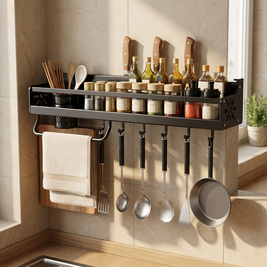 Wallstore™ Metal Wall-Mounted Kitchen Storage Rack, styled close view