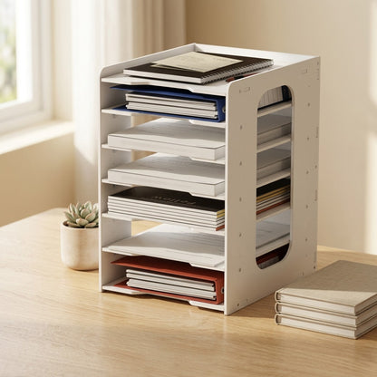 Deskorder™ Plastic Desktop File Storage Rack in a calm home setting