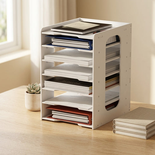 Deskorder™ Plastic Desktop File Storage Rack in a calm home setting