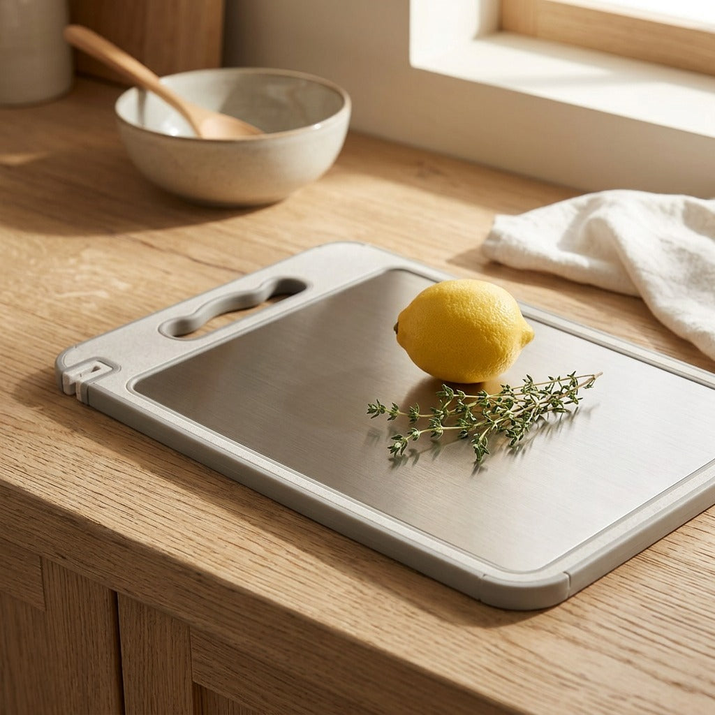 Chopboard™ Stainless Steel Cutting Board, styled close view