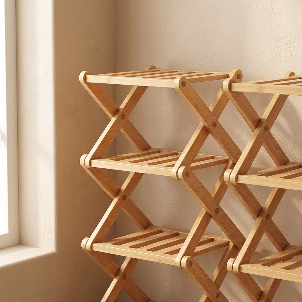Bendrack™ Bamboo Foldable Shoe Rack, material and detail close-up