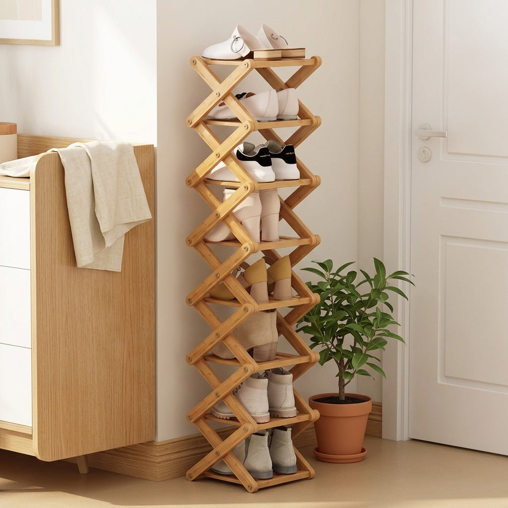 Bendrack™ Bamboo Foldable Shoe Rack in a calm home setting