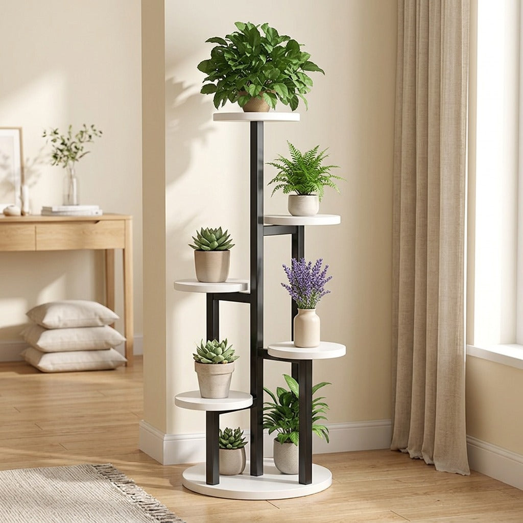 Vinerail™ Wrought Iron Flower Pot Rack in a calm home setting