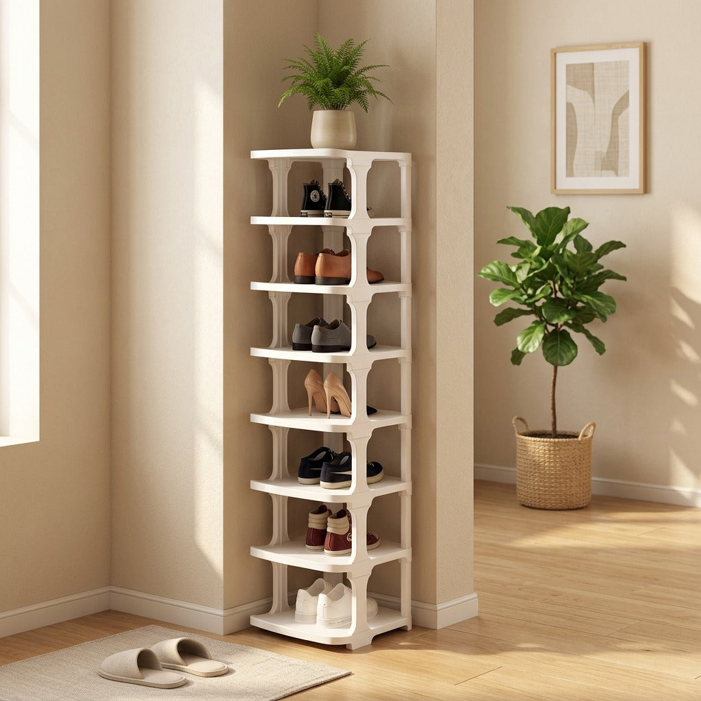 Shoeledge™ 9-Layer Plastic Shoe Rack in a calm home setting