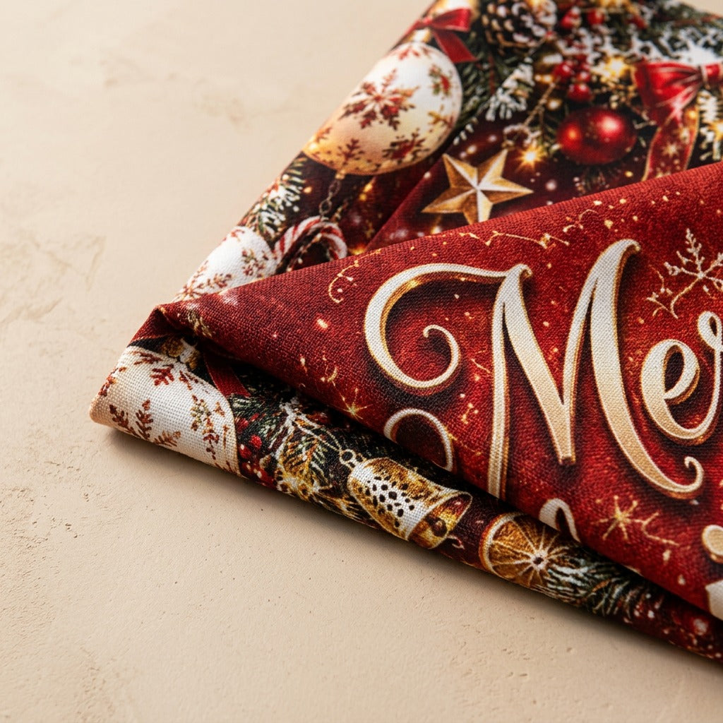 Santascene™ Santa Claus Christmas Backdrop Fabric, material and detail close-up