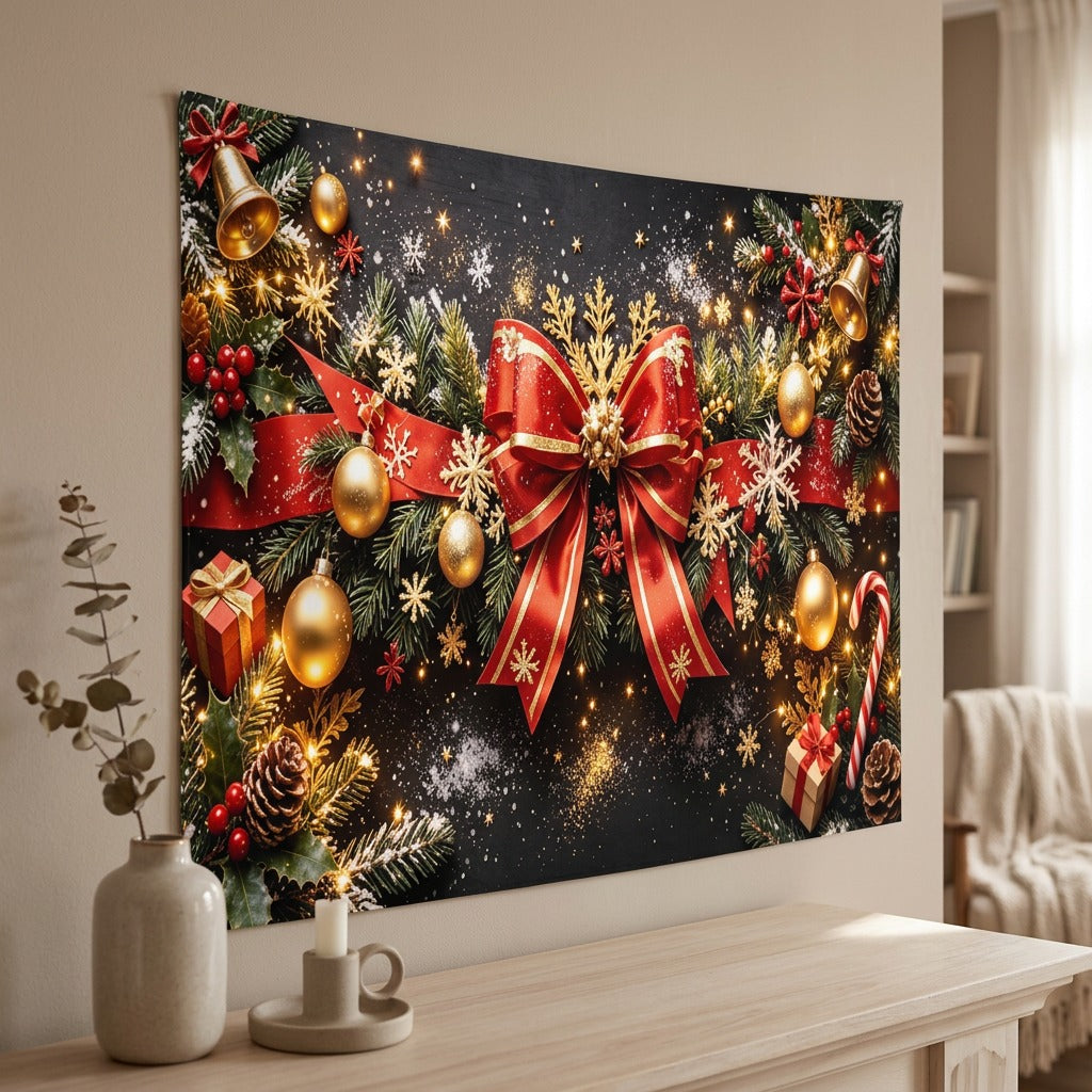 Santascene™ Santa Claus Christmas Backdrop Fabric, styled close view