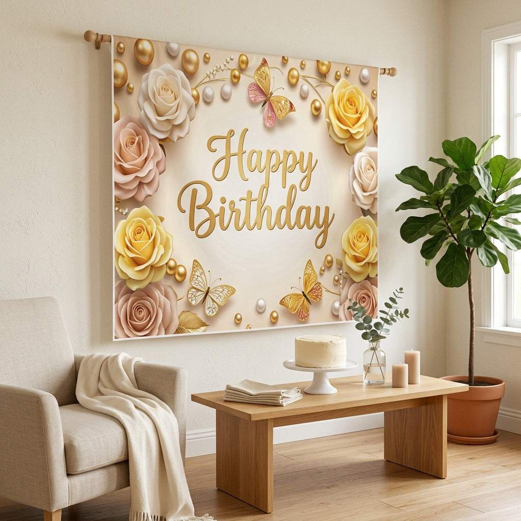 Partyframe™ Polyester Party Banner Backdrop in a calm home setting