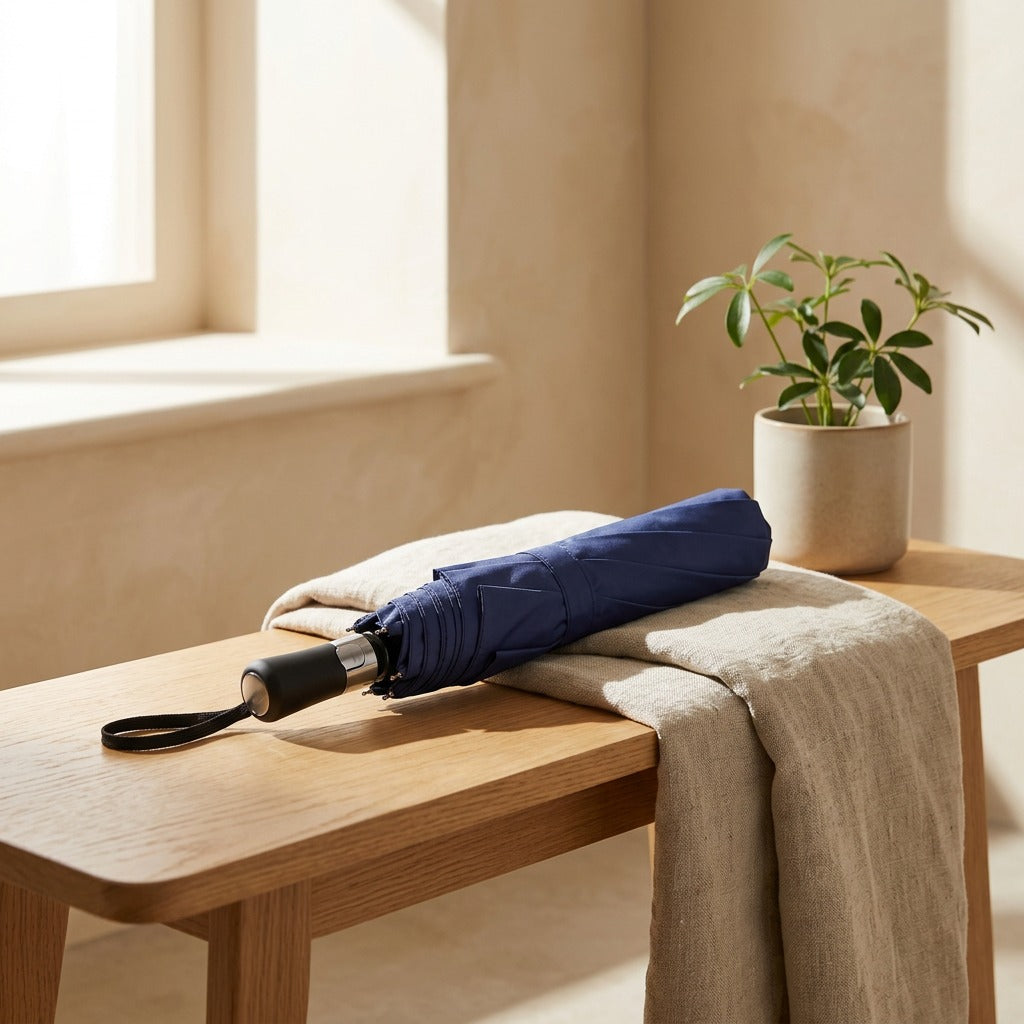 Logoshade™ Logo Advertising Folding Umbrella in a calm home setting