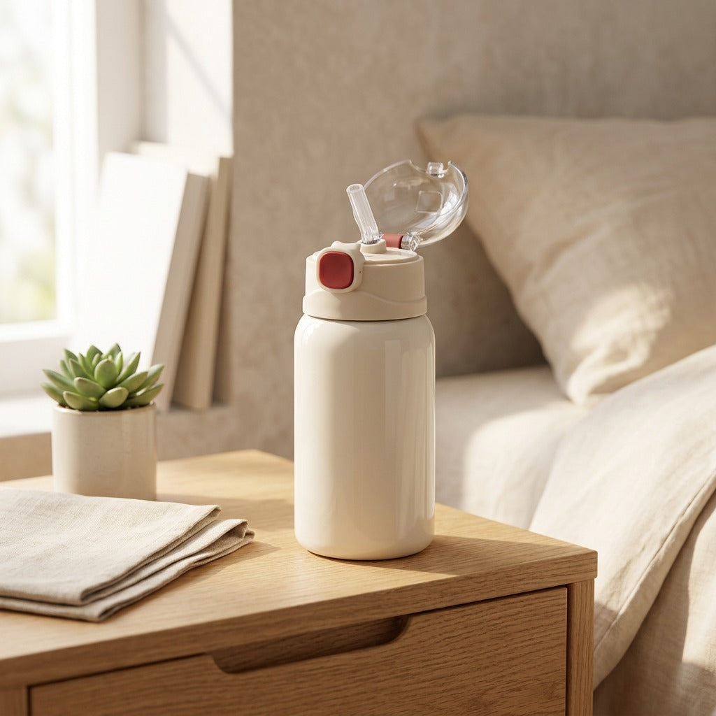 Siptoast™ Stainless Steel Straw Thermos Cup in a calm home setting