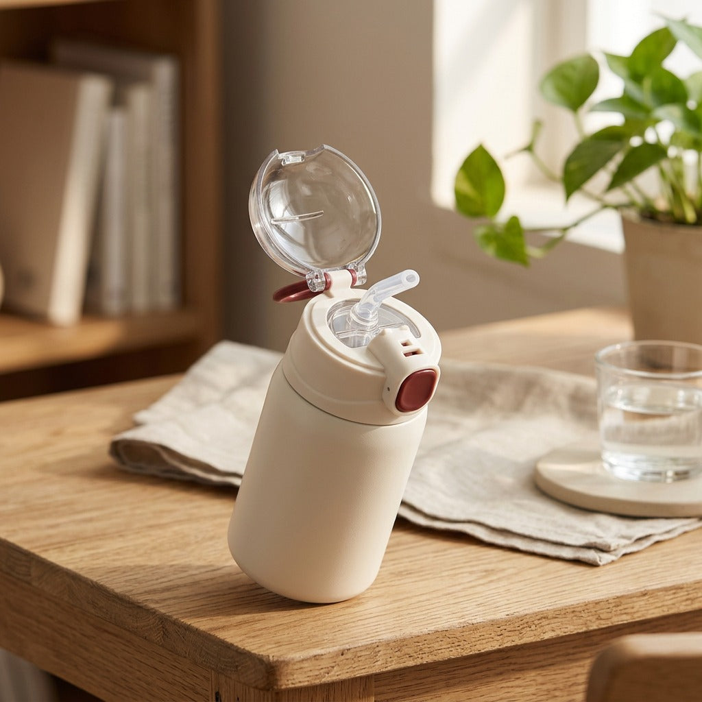 Siptoast™ Stainless Steel Straw Thermos Cup, styled close view