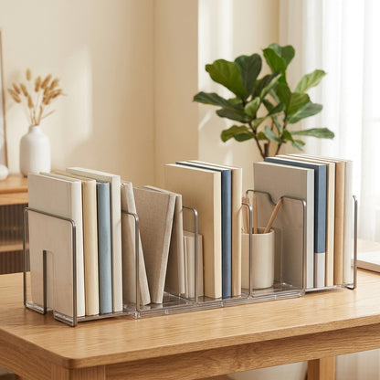 Bookstretch™ Retractable Five-Column Desktop Bookshelf in a calm home setting