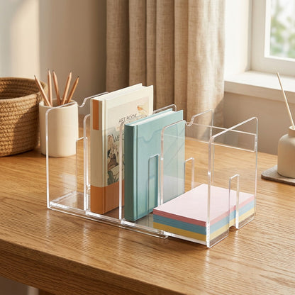 Bookstretch™ Retractable Five-Column Desktop Bookshelf, styled close view