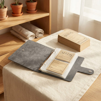 Seedleaf™ Plant Seed Storage Album With PU Cover in a calm home setting