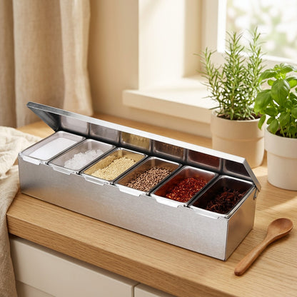 Spicevault™ Stainless Steel Seasoning Box in a calm home setting