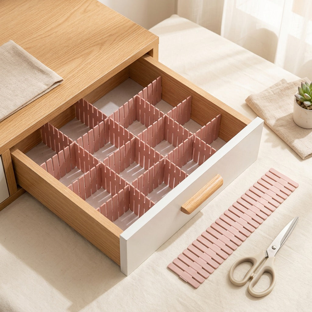 Splitboard™ Plastic Drawer Storage Divider Board in a calm home setting