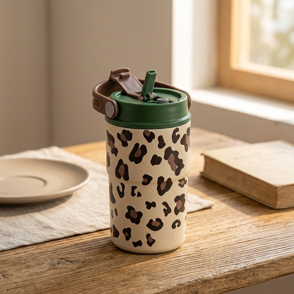 Spotwarm™ 316 Stainless Steel Leopard-Print Thermos Cup, styled close view