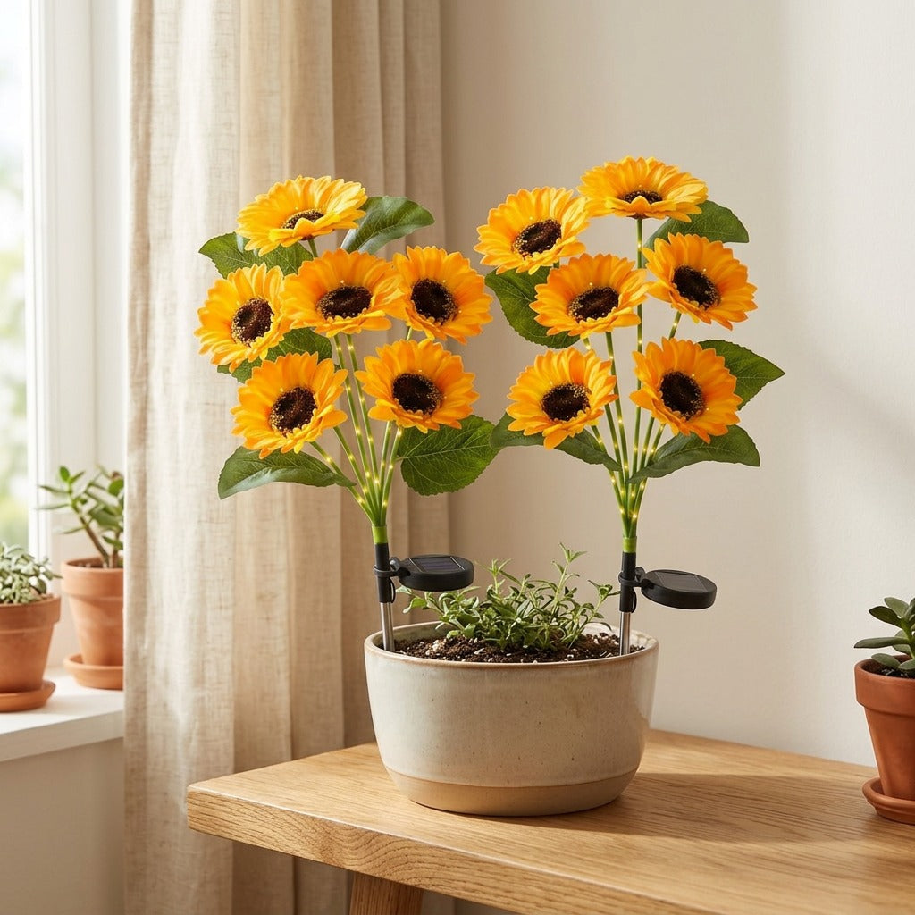 Petalglow™ Sunflower Solar Garden Night Light in a calm home setting