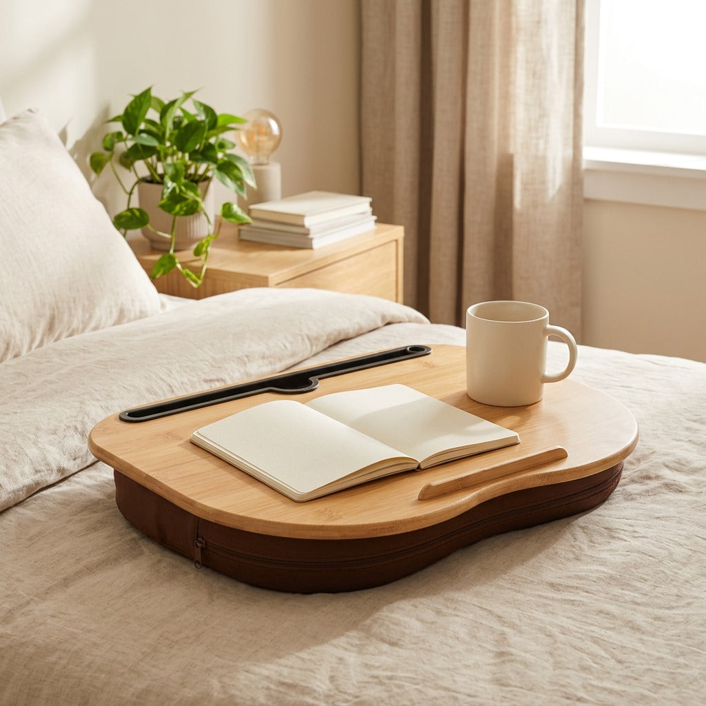 Lapledge™ Bamboo Lap Table With Card Slot in a calm home setting