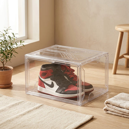 Clearsole™ Transparent Plastic Shoe Box in a calm home setting