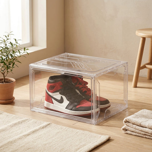 Clearsole™ Transparent Plastic Shoe Box in a calm home setting