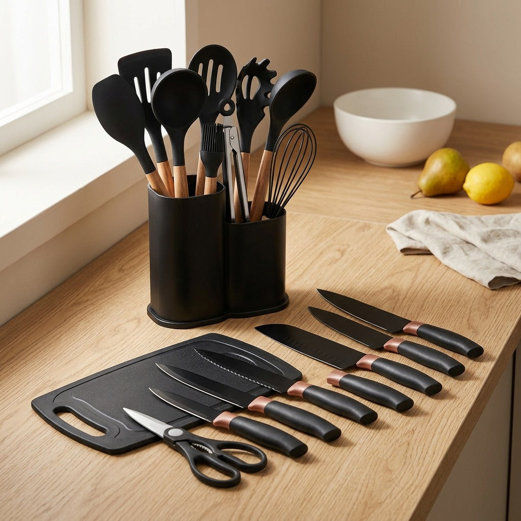 Woodwhisk™ Wooden Handle Silicone Kitchen Utensil Set, styled close view